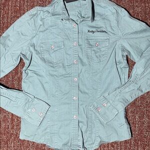 Harley-Davidson woman’s Teal Casual Shirt long sleeve button down stretch HDMC